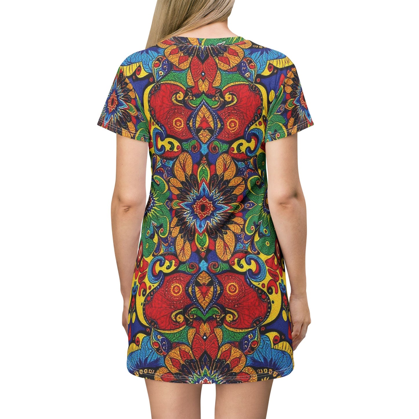 Boho Kaleidoscope T-Shirt Dress — Vibrant Floral Mandala All-Over Print