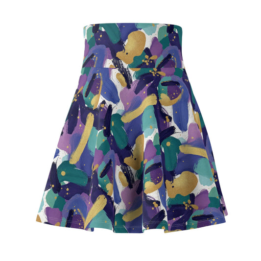 Abstract Brushstroke Skater Skirt — Vibrant Purple & Teal AOP