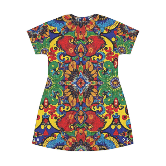 Boho Kaleidoscope T-Shirt Dress — Vibrant Floral Mandala All-Over Print