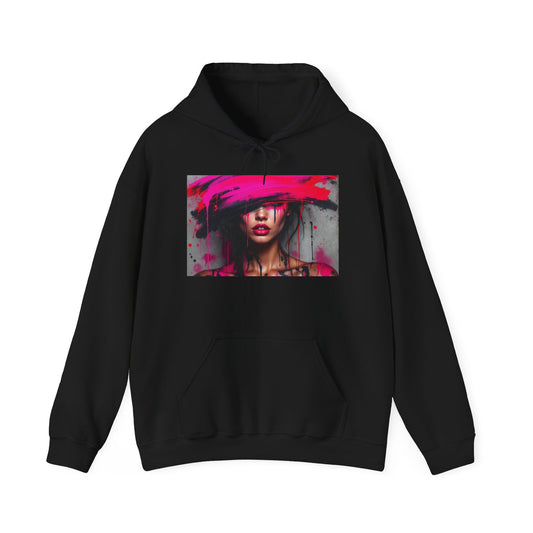 Abstract Pink Hat Portrait Hoodie — Artistic Woman Face Graphic Sweatshirt