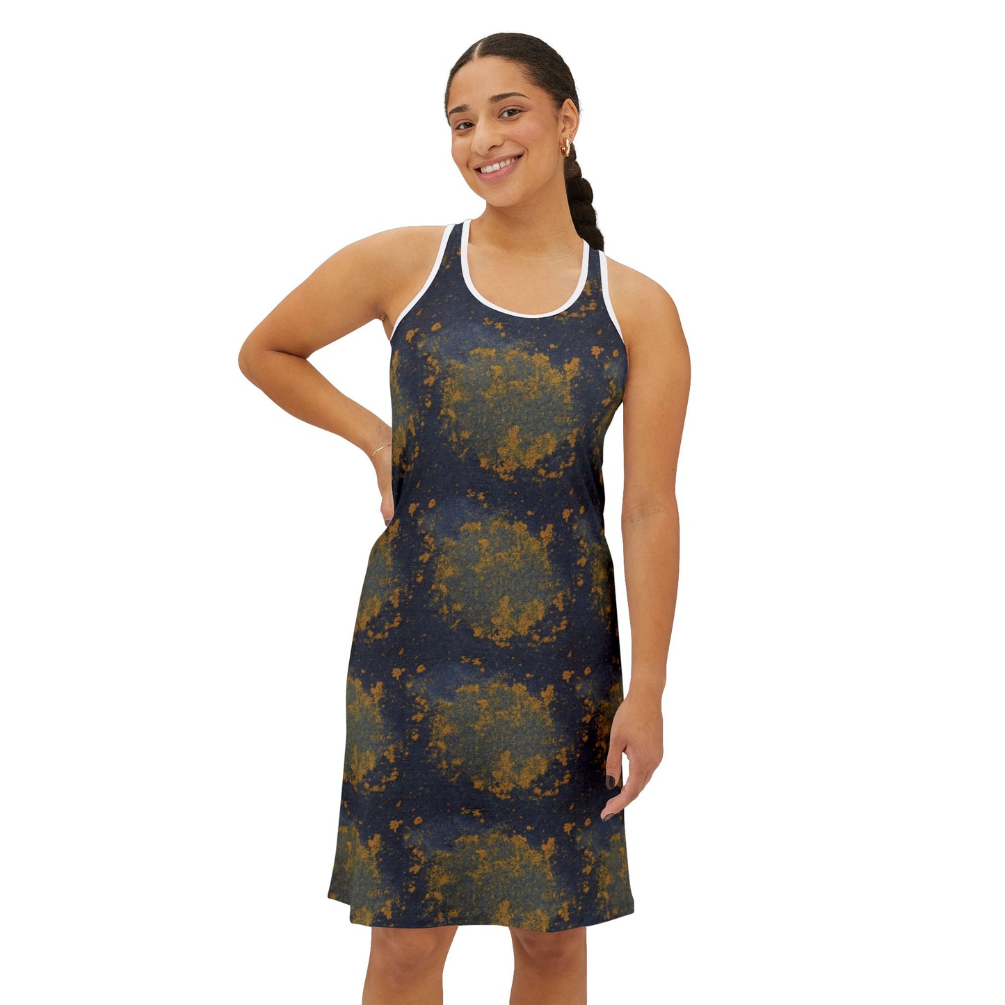 Floral Nightfall Racerback Dress — Moody Navy & Mustard All-Over Print