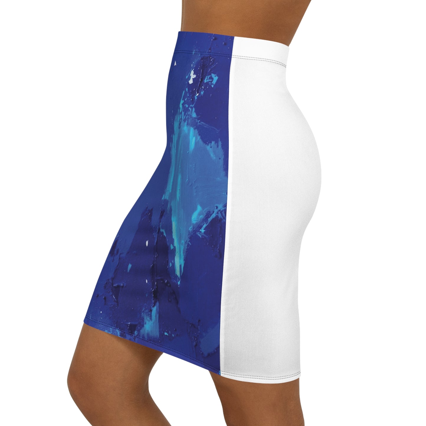 Blue Abstract Paint Splash Pencil Skirt — Women's Mid-Waist Printed Skirt