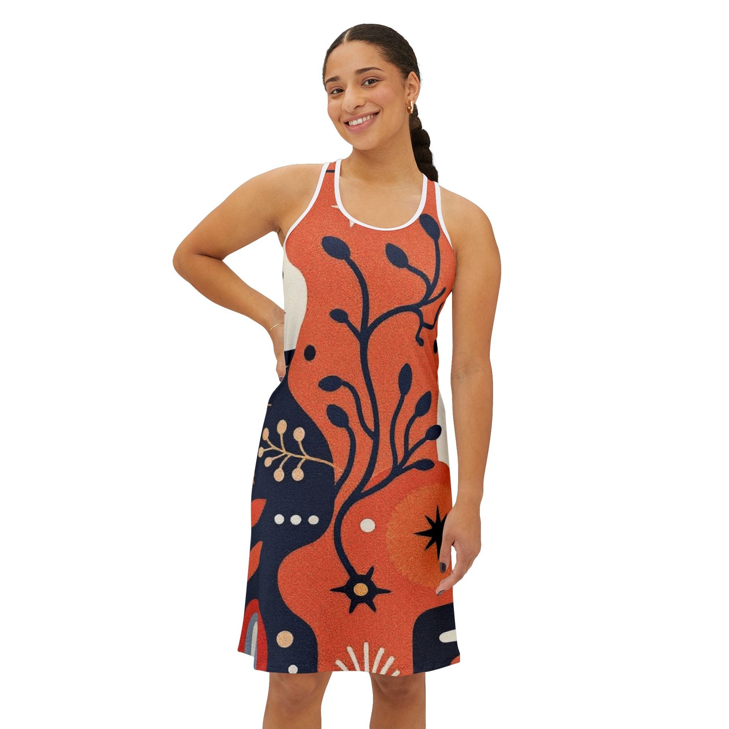 Floral Abstract Racerback Dress — Retro Orange & Navy All-Over Print