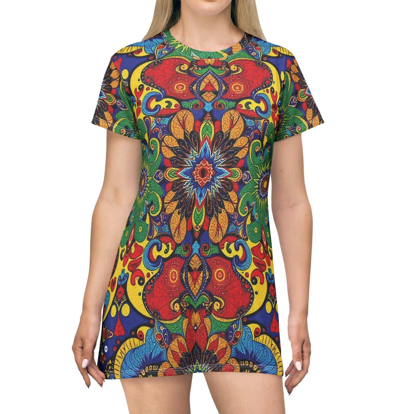 Boho Kaleidoscope T-Shirt Dress — Vibrant Floral Mandala All-Over Print