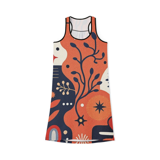Floral Abstract Racerback Dress — Retro Orange & Navy All-Over Print