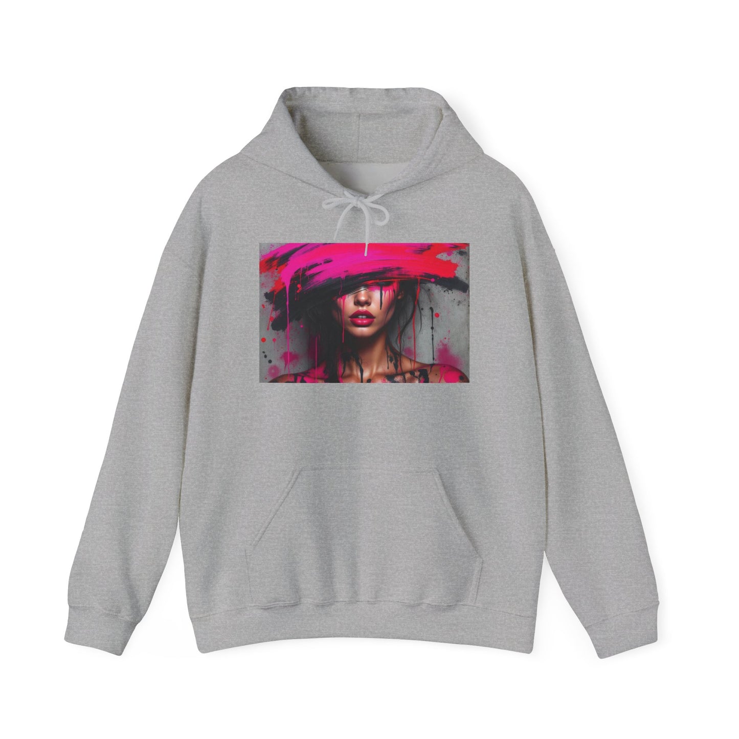 Abstract Pink Hat Portrait Hoodie — Artistic Woman Face Graphic Sweatshirt