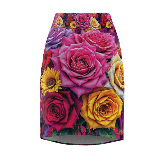 Floral Rose Pencil Skirt — Vibrant All-Over Print