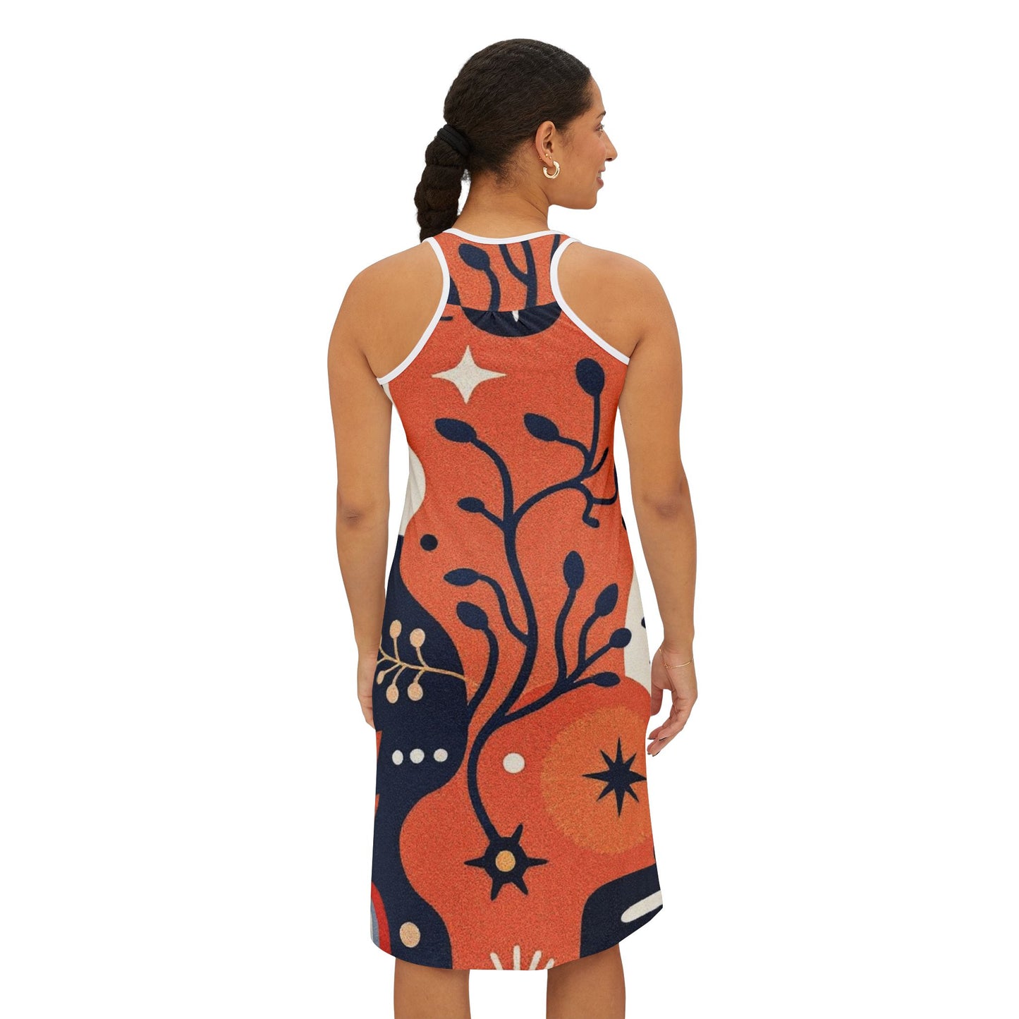 Floral Abstract Racerback Dress — Retro Orange & Navy All-Over Print