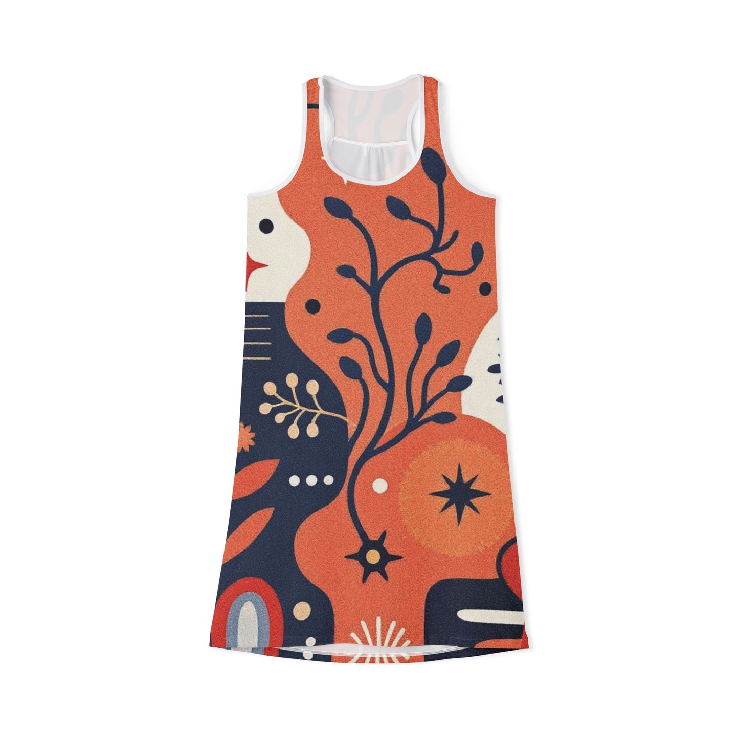Floral Abstract Racerback Dress — Retro Orange & Navy All-Over Print