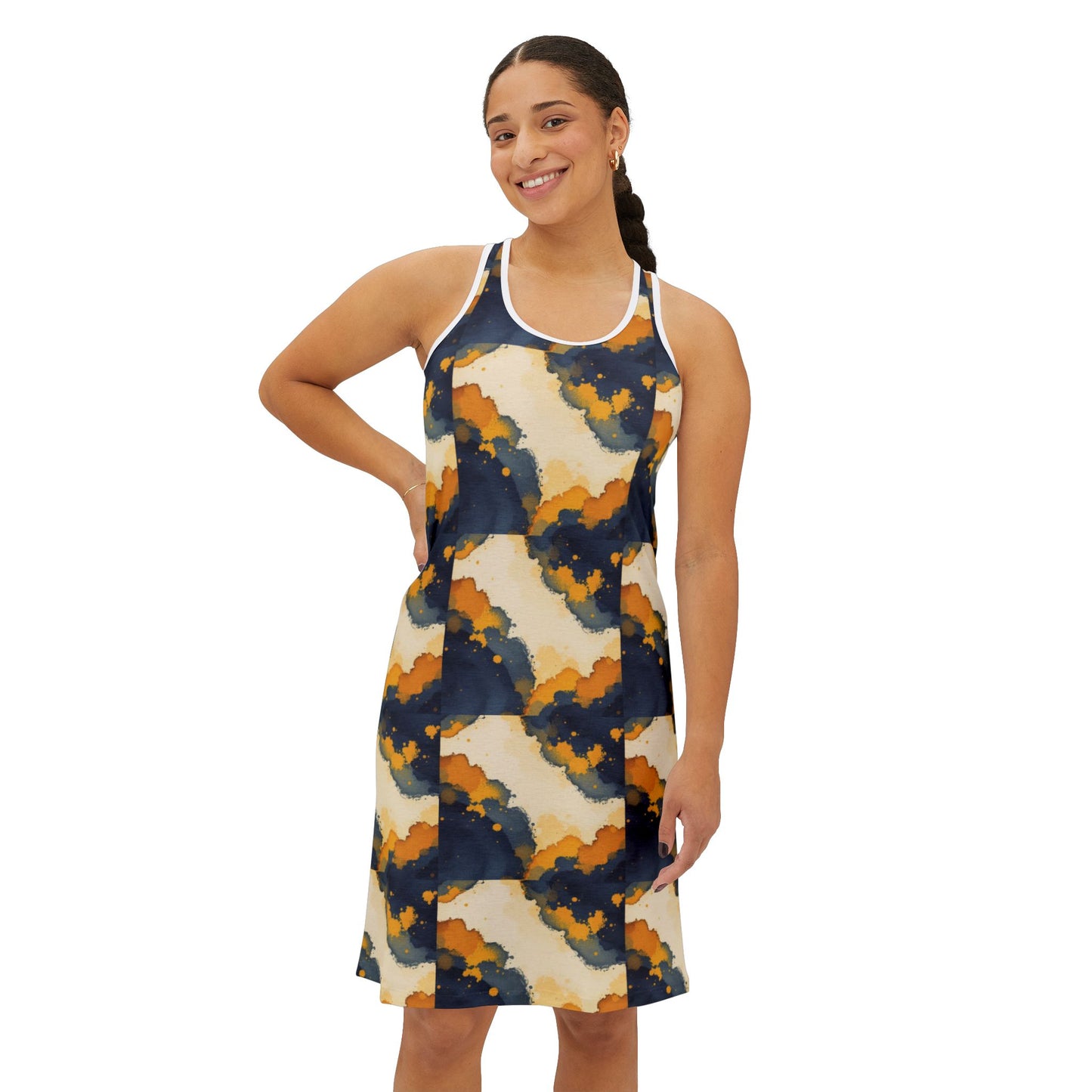 Abstract Navy & Mustard Racerback Dress — Flowing Watercolor Pattern