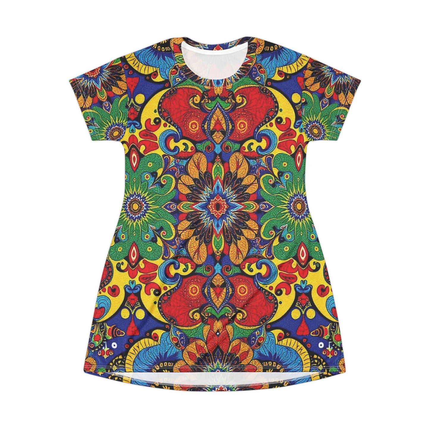 Boho Kaleidoscope T-Shirt Dress — Vibrant Floral Mandala All-Over Print