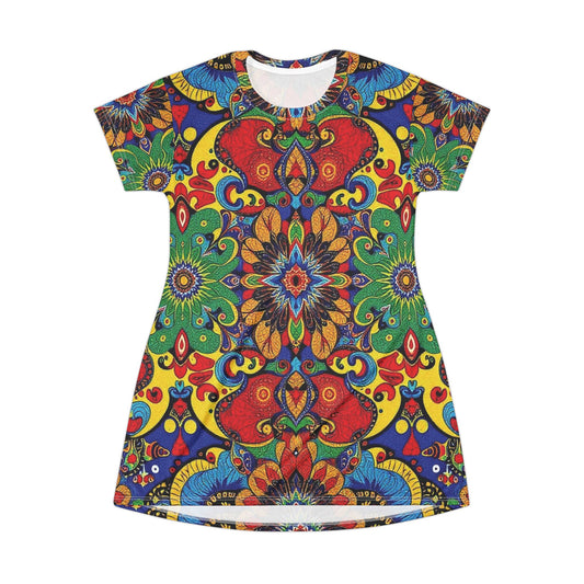 Boho Kaleidoscope T-Shirt Dress — Vibrant Floral Mandala All-Over Print