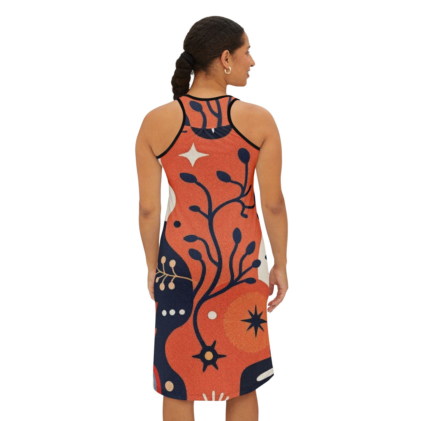 Floral Abstract Racerback Dress — Retro Orange & Navy All-Over Print