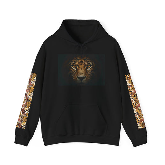 Leopard Gaze Hoodie — Animal Print Sleeve & Back Panel Sweatshirt