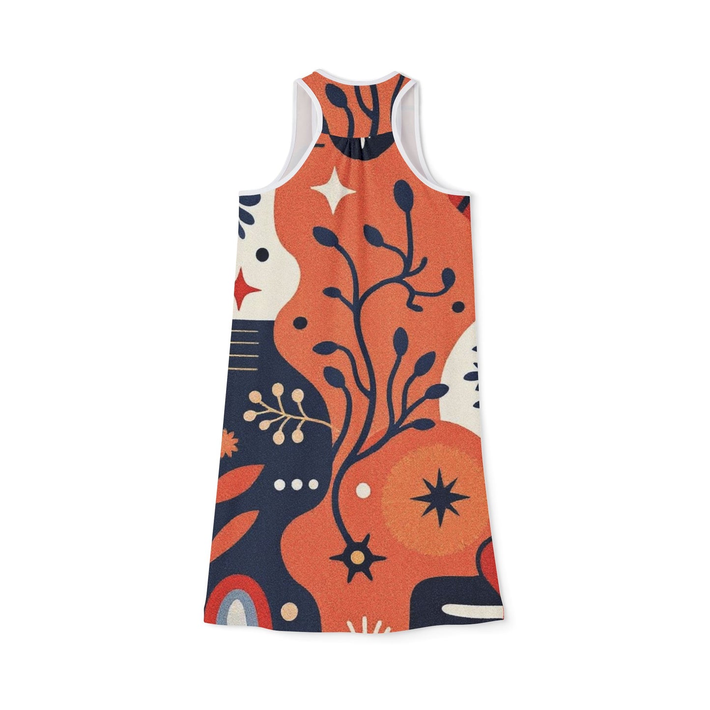 Floral Abstract Racerback Dress — Retro Orange & Navy All-Over Print