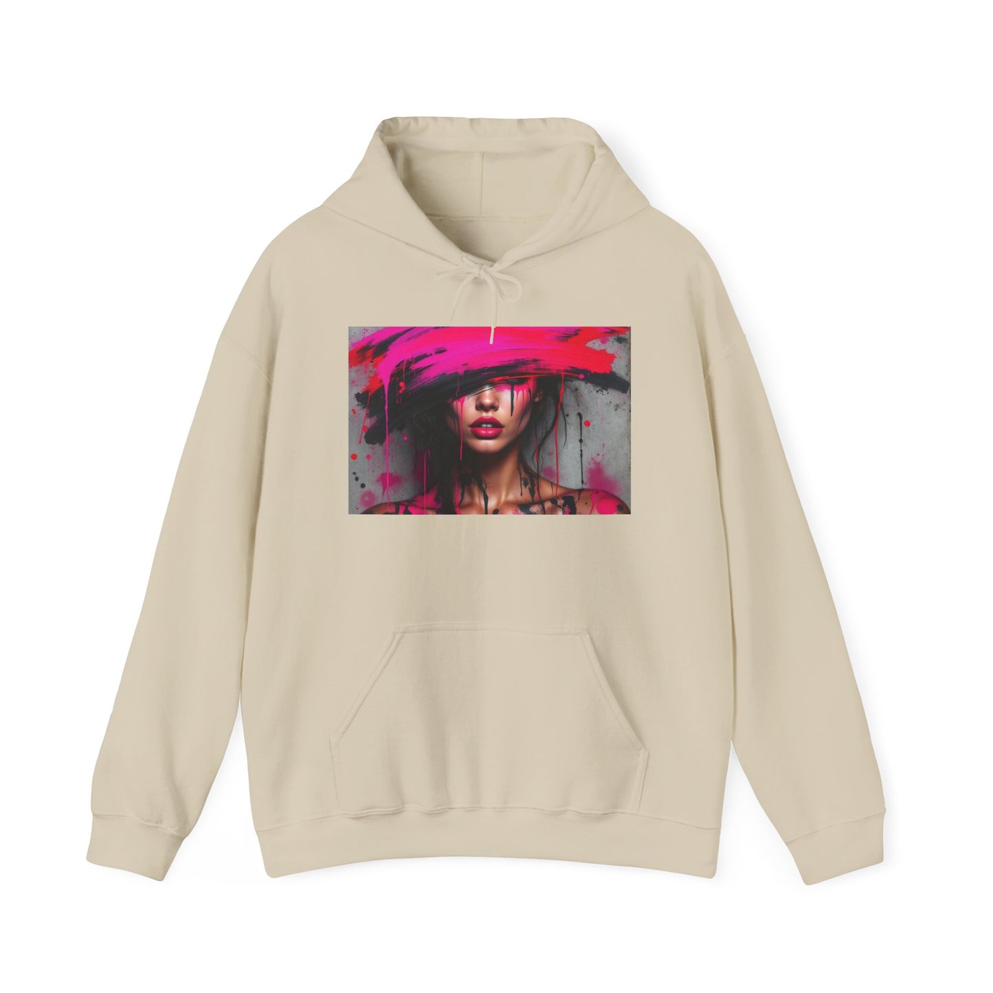 Abstract Pink Hat Portrait Hoodie — Artistic Woman Face Graphic Sweatshirt