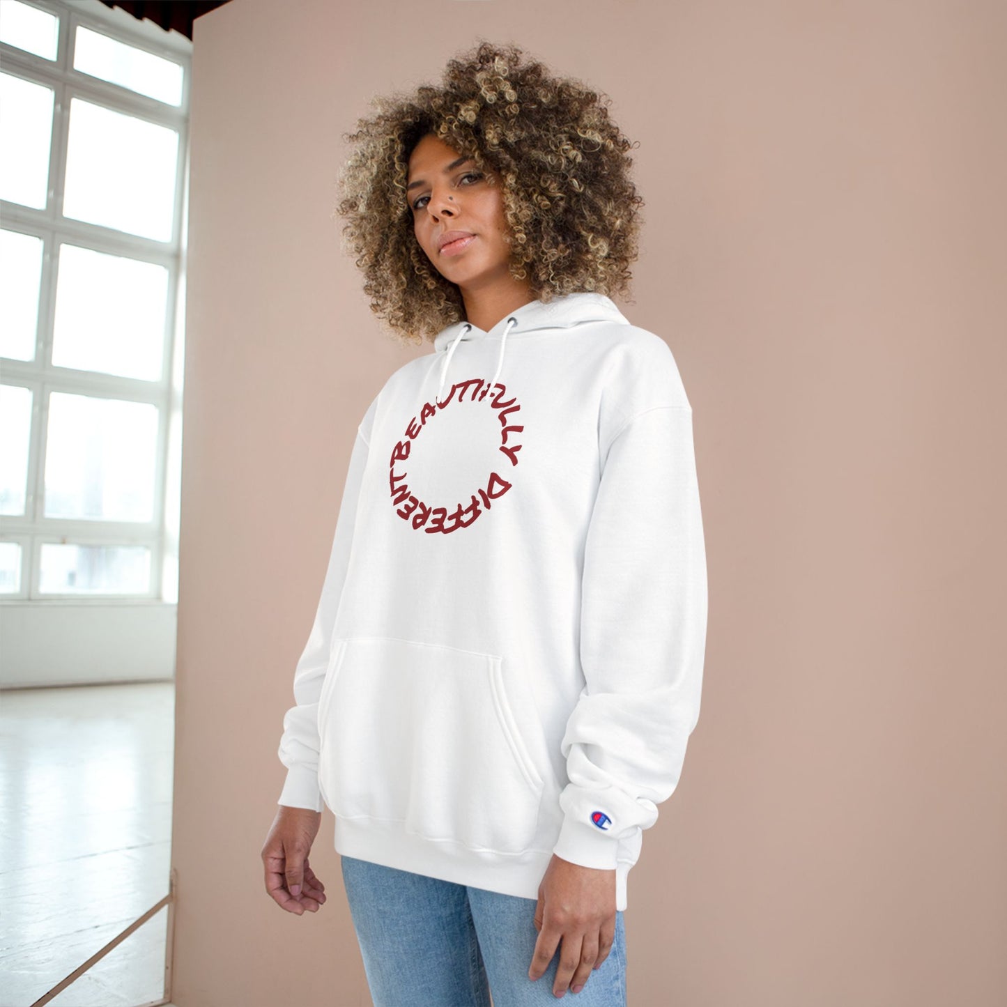 Beautifully Different Heart Hoodie — White Champion Pullover
