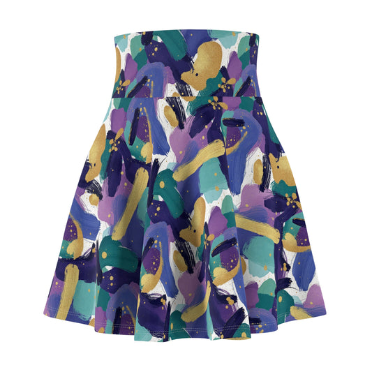 Abstract Brushstroke Skater Skirt — Vibrant Purple & Teal AOP