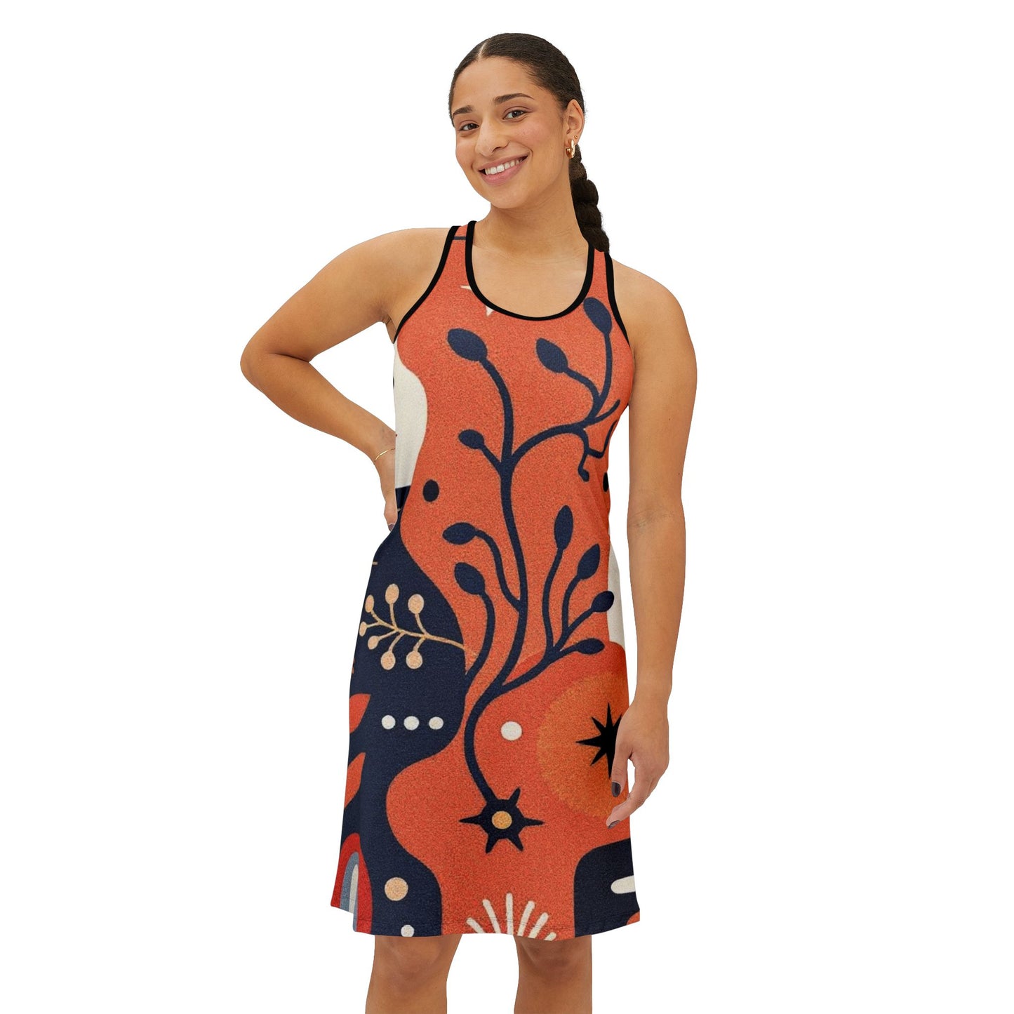 Floral Abstract Racerback Dress — Retro Orange & Navy All-Over Print