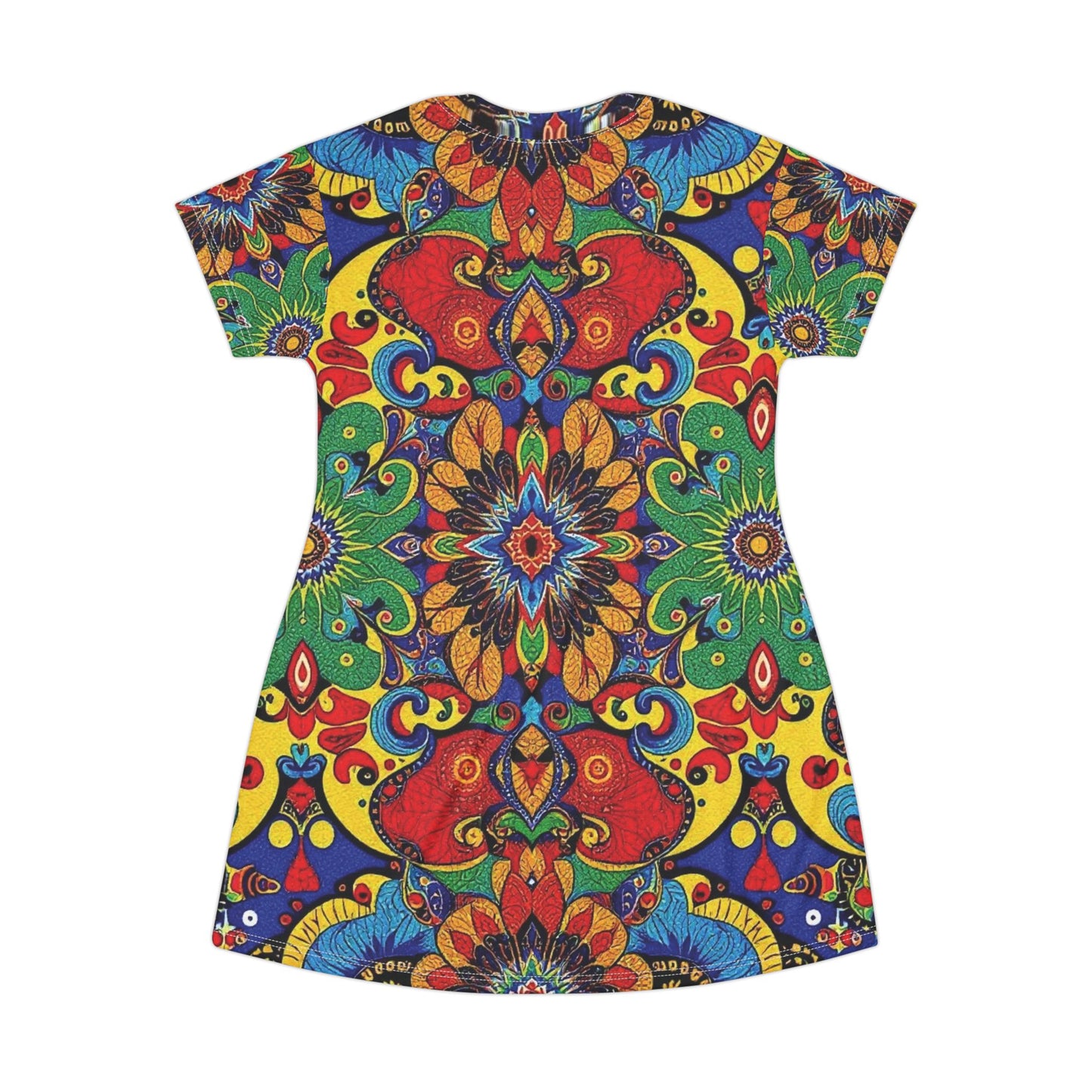 Boho Kaleidoscope T-Shirt Dress — Vibrant Floral Mandala All-Over Print