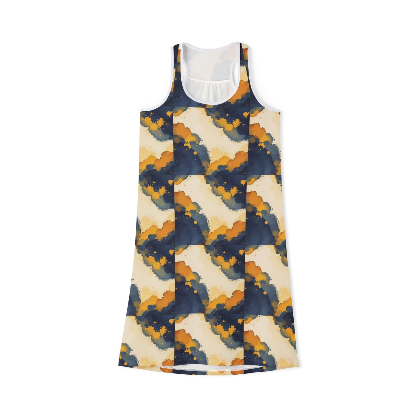 Abstract Navy & Mustard Racerback Dress — Flowing Watercolor Pattern