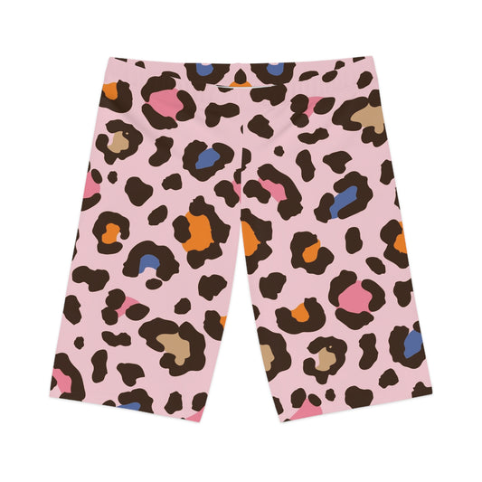 Leopard Print Bike Shorts — Pink Multicolor Animal Print Cycling Shorts