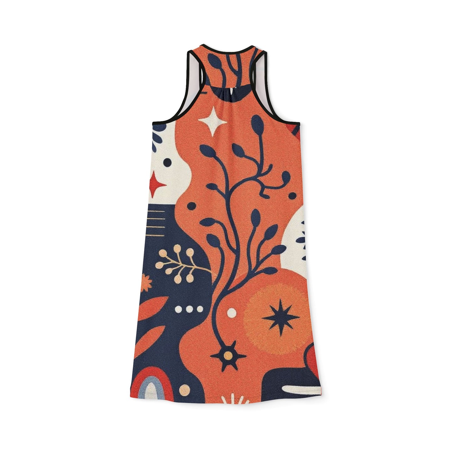 Floral Abstract Racerback Dress — Retro Orange & Navy All-Over Print