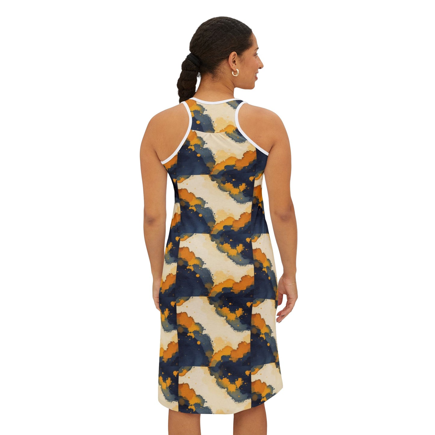 Abstract Navy & Mustard Racerback Dress — Flowing Watercolor Pattern