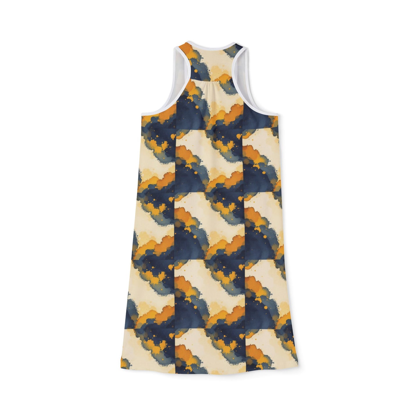 Abstract Navy & Mustard Racerback Dress — Flowing Watercolor Pattern